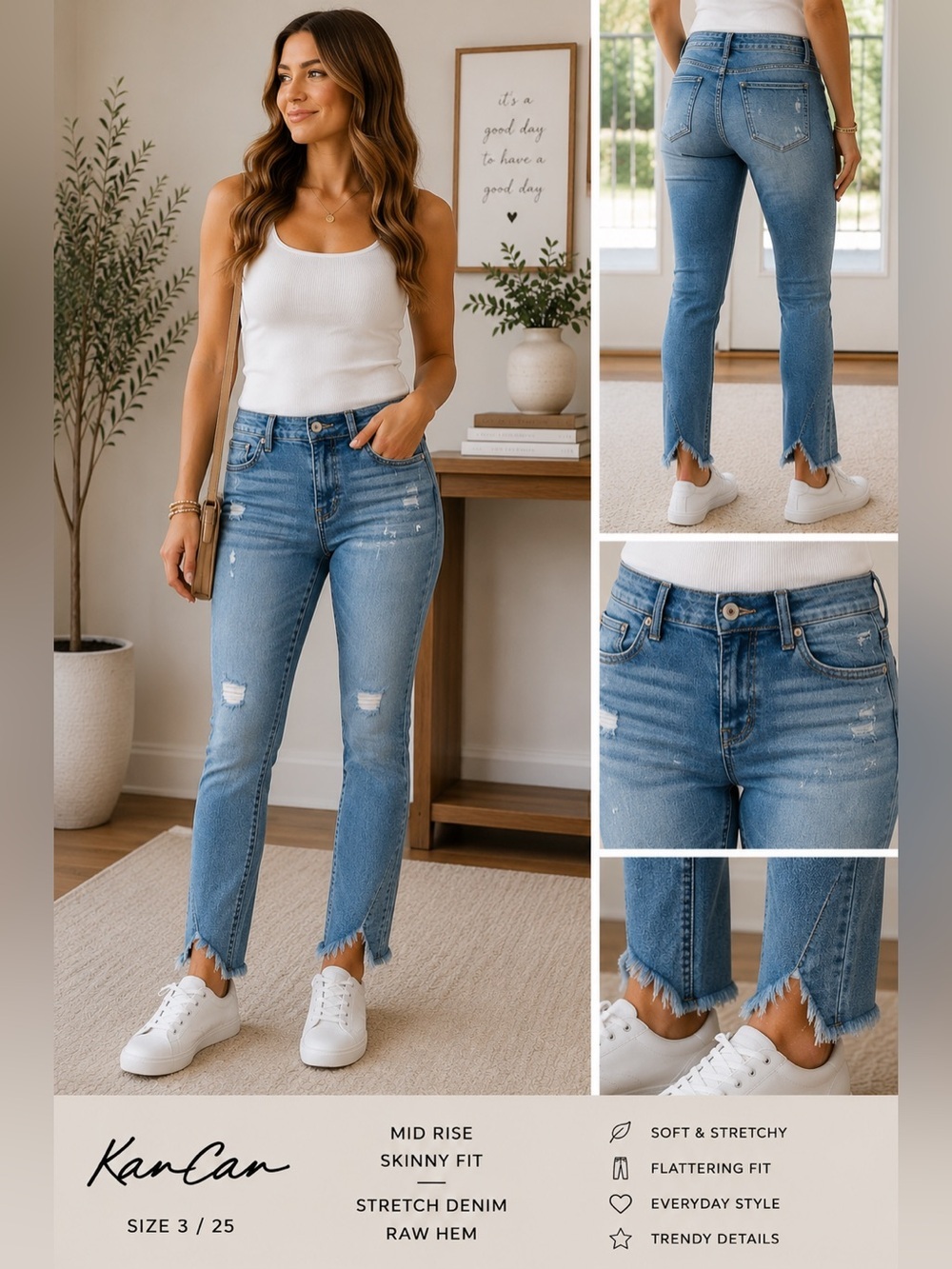KanCan Light Blue Mid-Rise Skinny Jeans with Frayed V-Hem